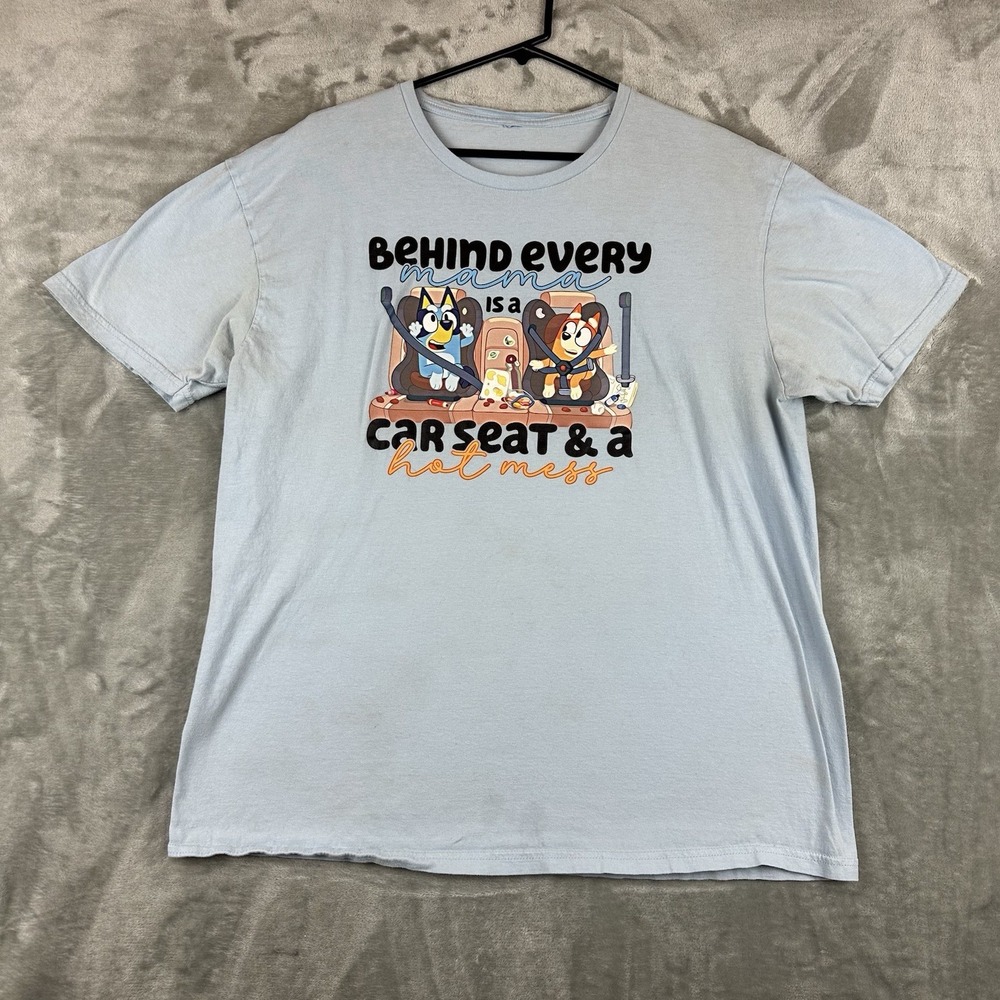 Bluey T-Shirt Women's XL Blue "Behind Every Mama Is A Carseat & A Hot Mess"